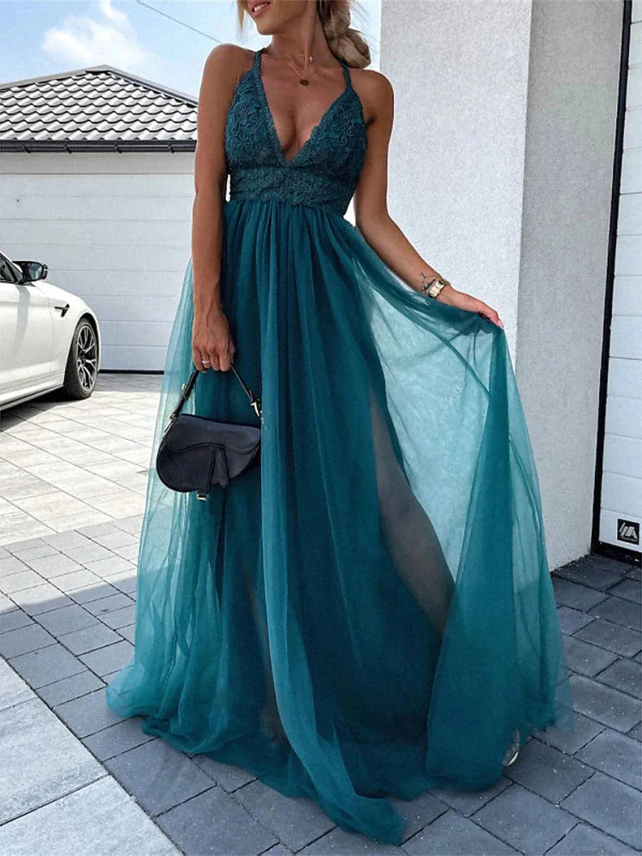 Elegant Pink and Green Lace Spaghetti Strap Maxi Dress for Women