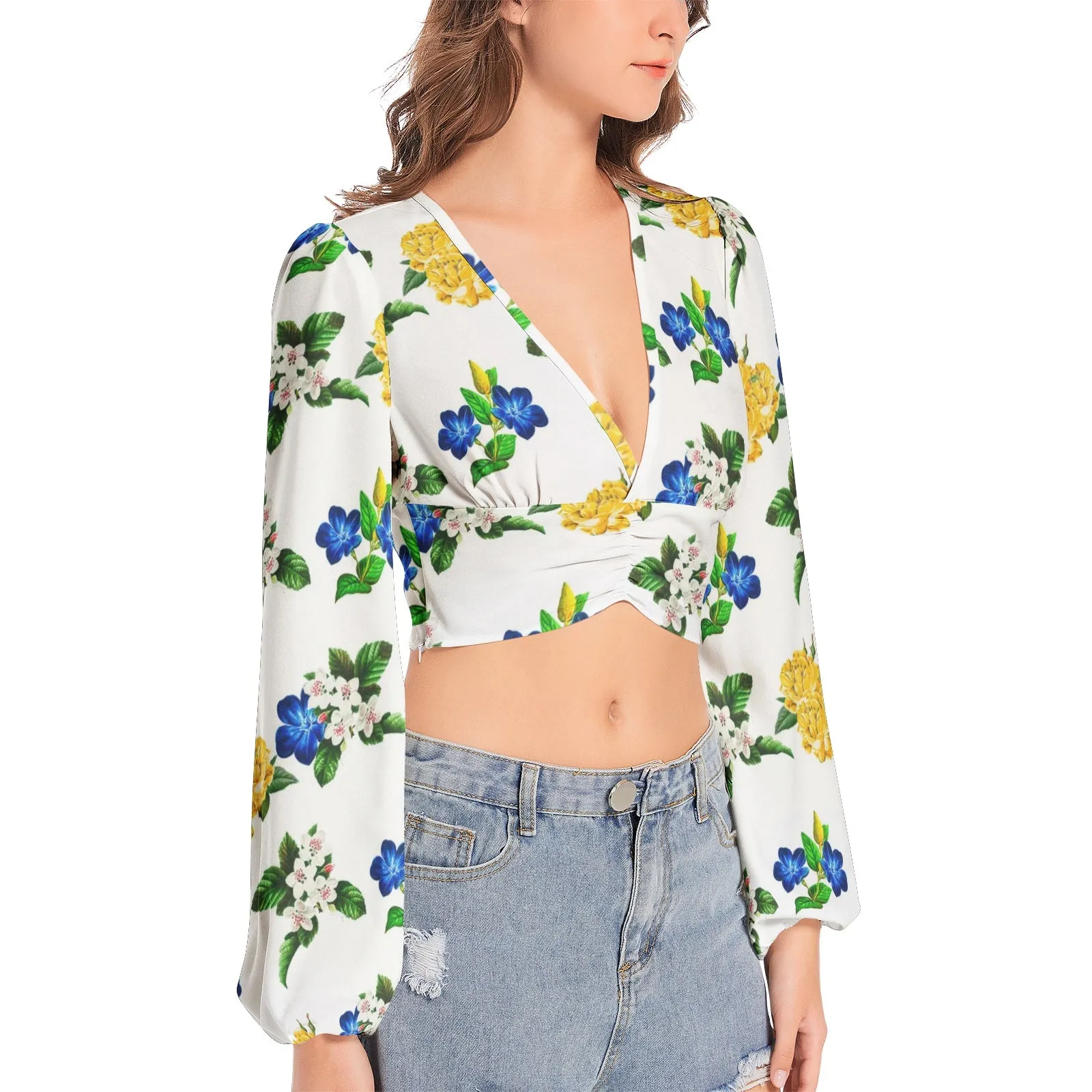 Floral Moments Women's Deep V-Neck Lantern Sleeve Crop Top