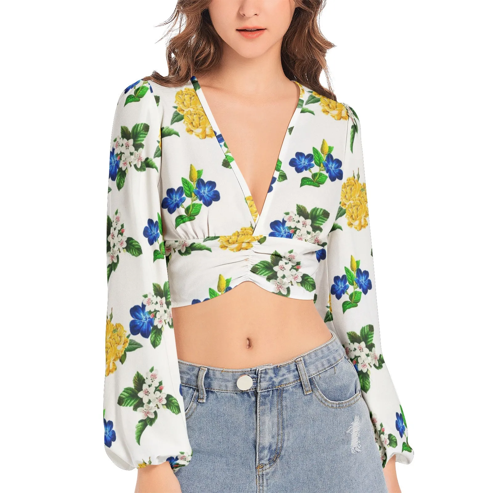 Floral Moments Women's Deep V-Neck Lantern Sleeve Crop Top