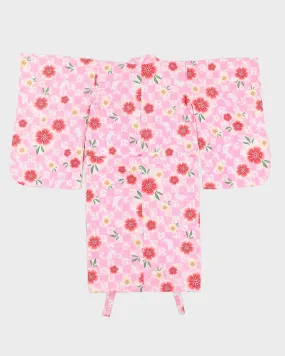 Flower and Bunny Print Pink Kimono - XS