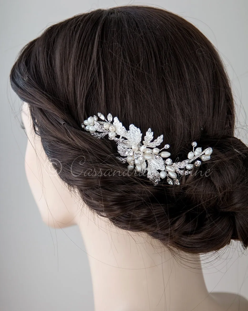 Flower Petal Bridal Hair Comb with Ivory Pearls