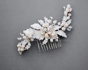 Flower Petal Bridal Hair Comb with Ivory Pearls