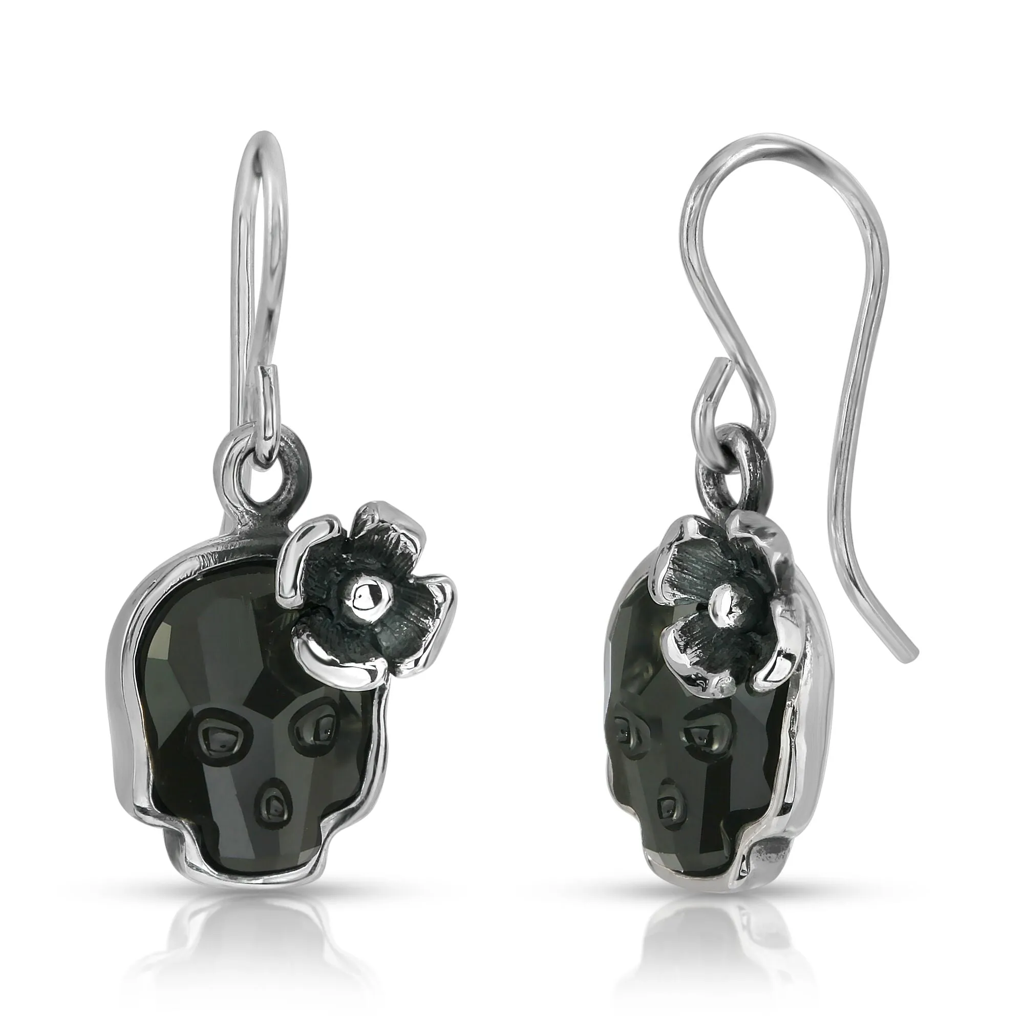 Jet Flower Skull Earrings