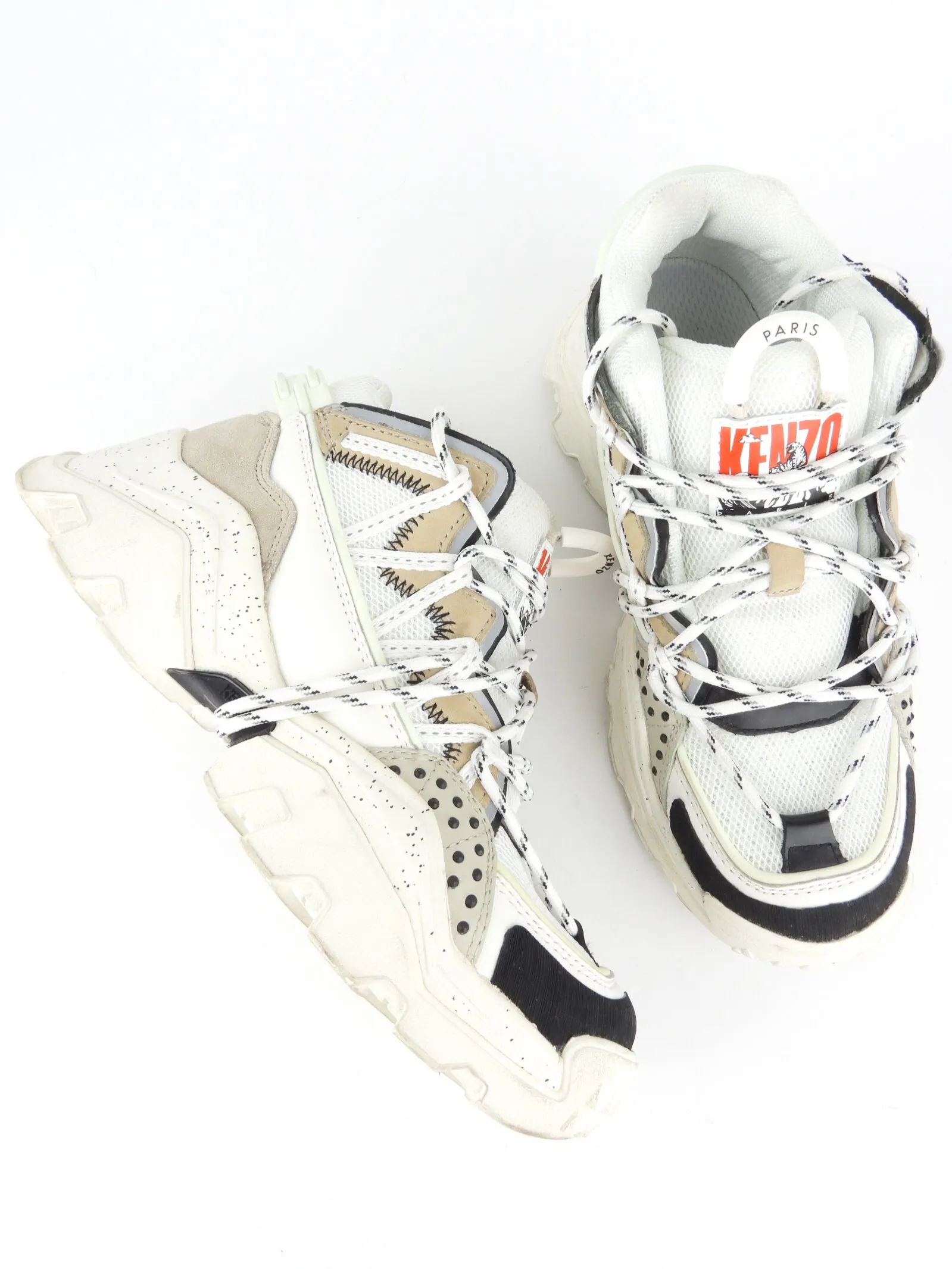 Kenzo Paris Off White, Pale Grey and Black Leather and Mesh Inka Low Top Sneakers - 37 FR | 36 IT | 5.5 US