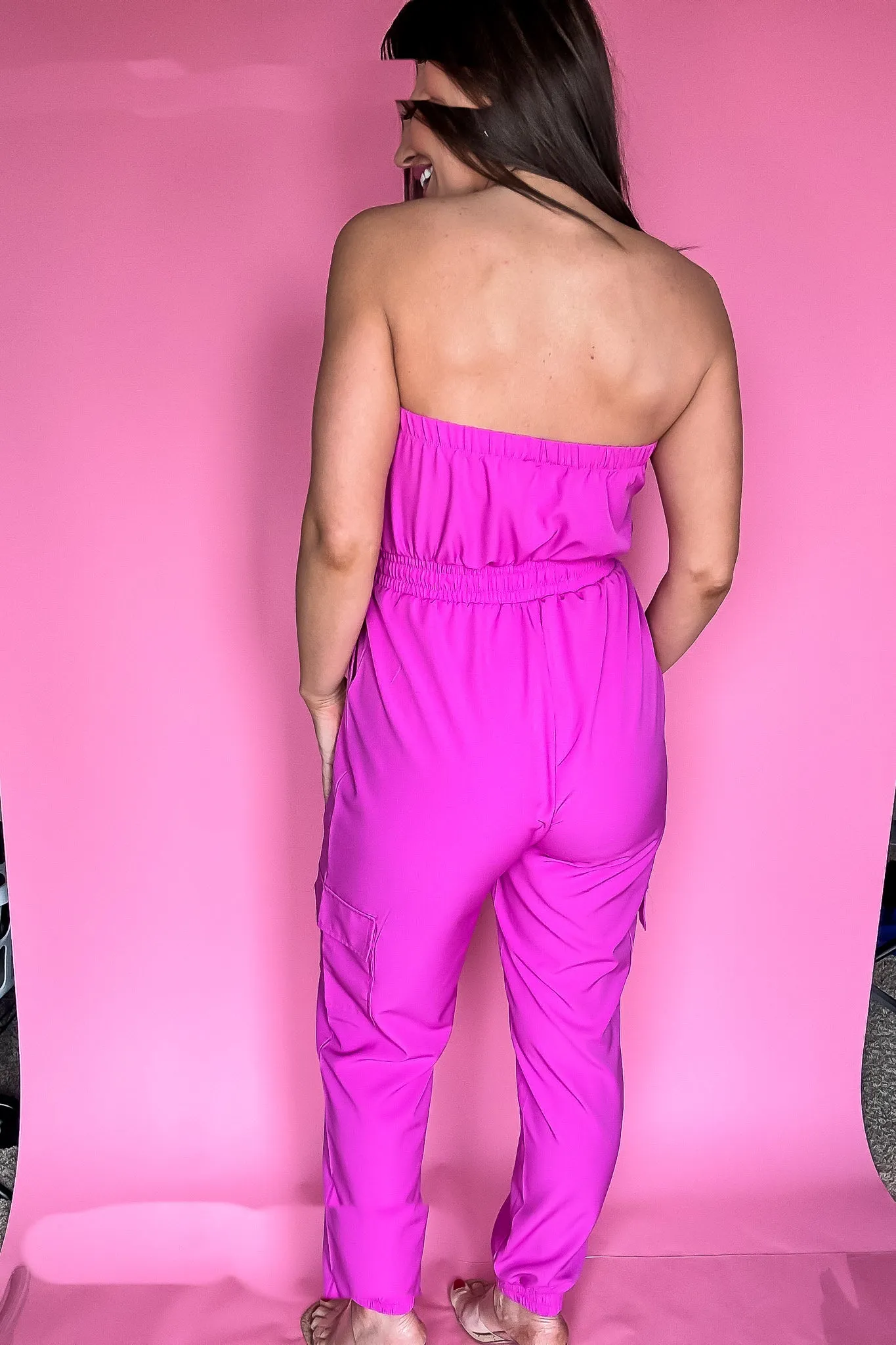 Long Fuschia Cargo Drawstring Jogger Jumpsuit