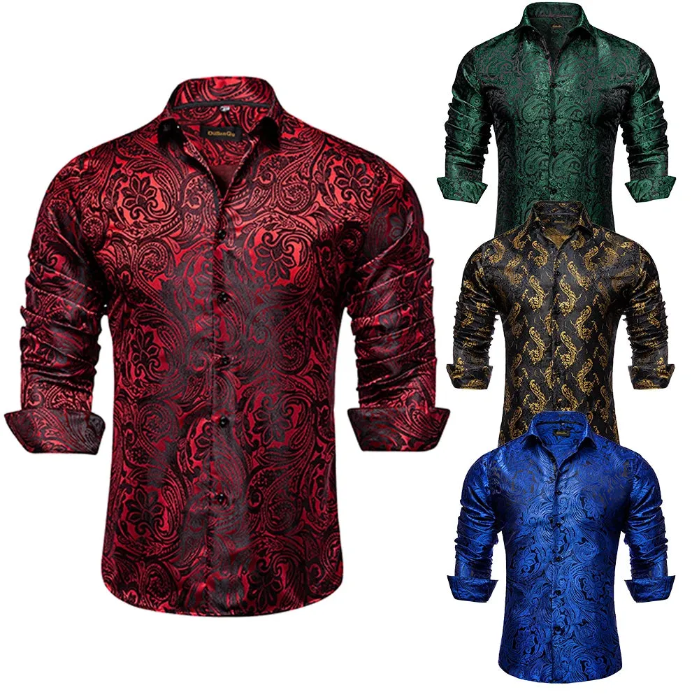 Luxury Men's Long Sleeve Shirts Red Green Blue Paisley Wedding Prom Party Casual Social Shirts Blouse Slim Fit Men's Clothing