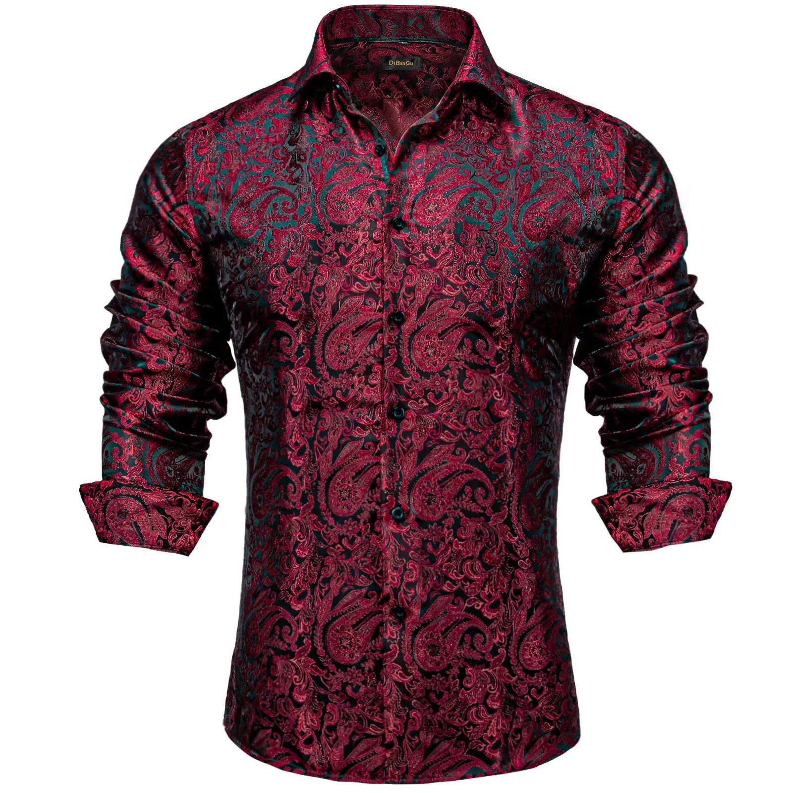 Luxury Men's Long Sleeve Shirts Red Green Blue Paisley Wedding Prom Party Casual Social Shirts Blouse Slim Fit Men's Clothing