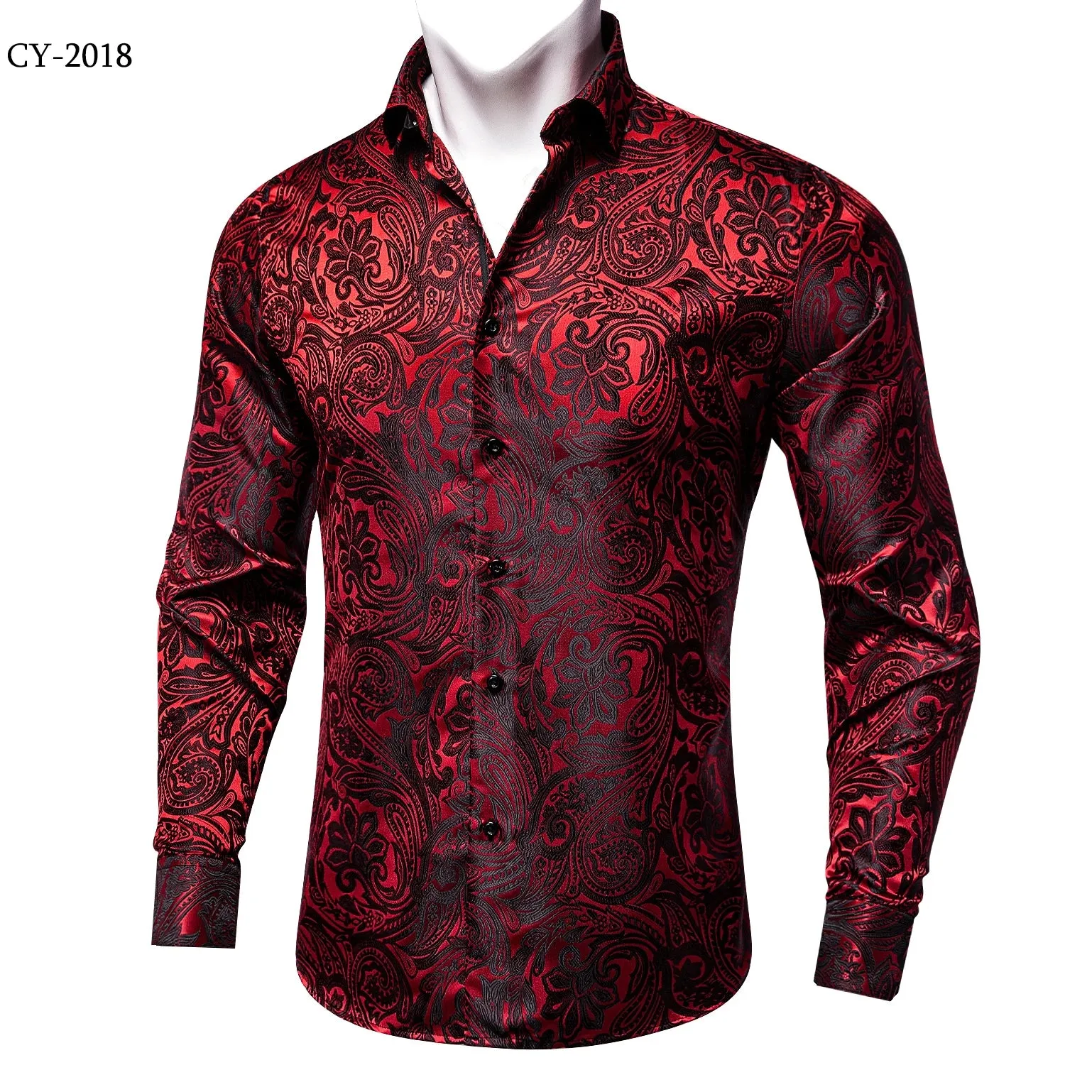 Luxury Men's Long Sleeve Shirts Red Green Blue Paisley Wedding Prom Party Casual Social Shirts Blouse Slim Fit Men's Clothing