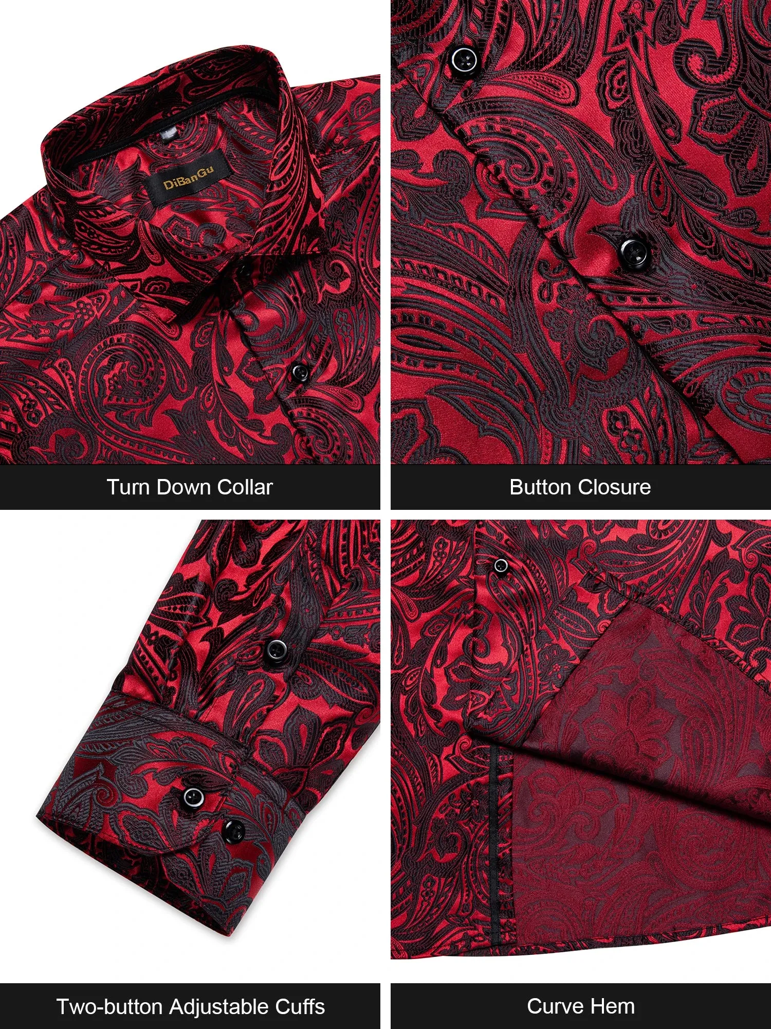 Luxury Men's Long Sleeve Shirts Red Green Blue Paisley Wedding Prom Party Casual Social Shirts Blouse Slim Fit Men's Clothing