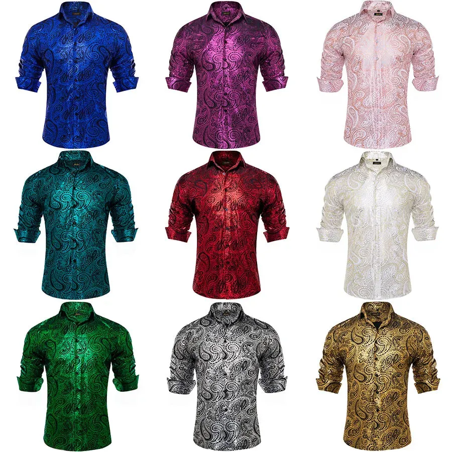 Luxury Paisley Gilding Teal Green Shirts Men's Long Sleeve Spring Autumn Clothing Wedding Prom Social Dress Shirt Blouse