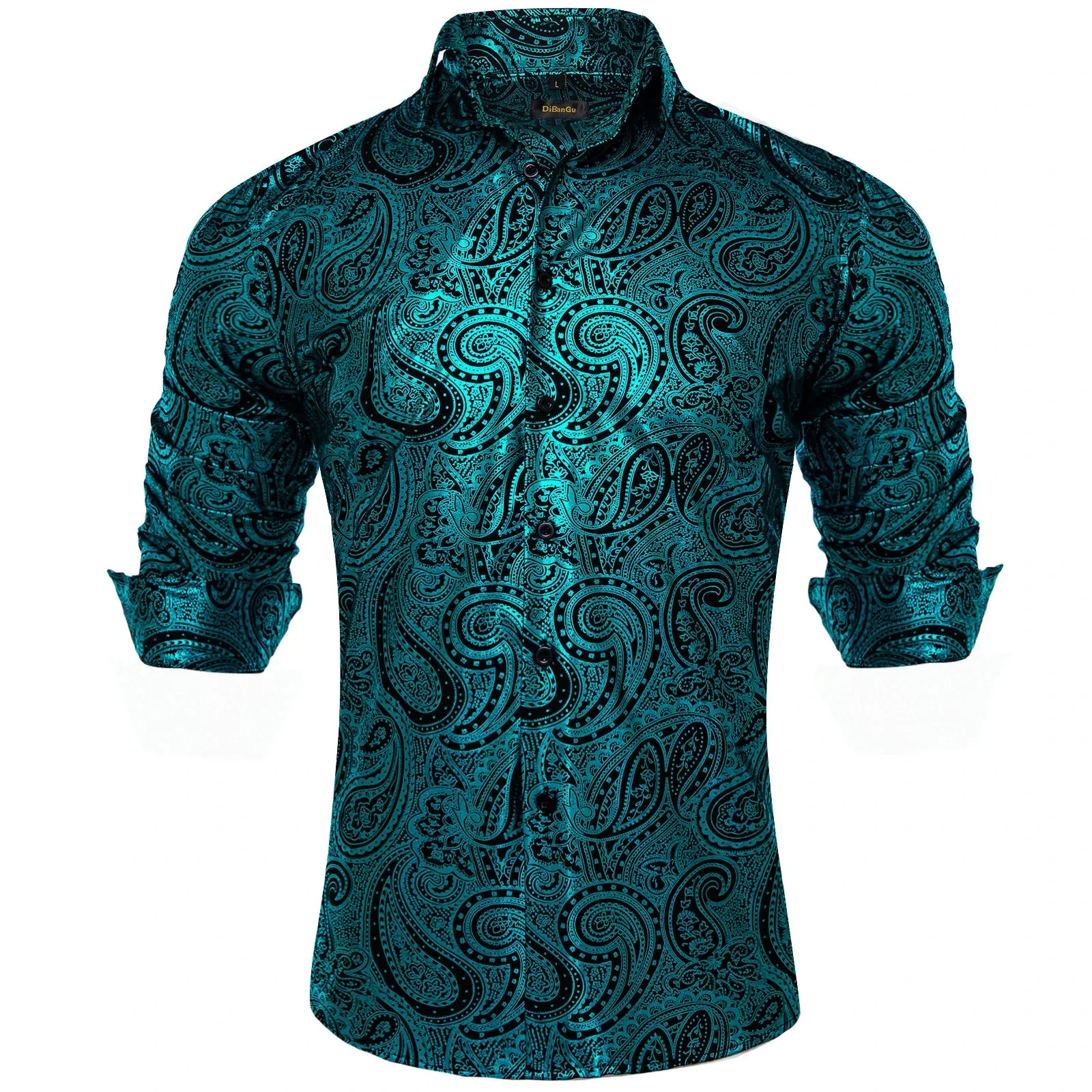 Luxury Paisley Gilding Teal Green Shirts Men's Long Sleeve Spring Autumn Clothing Wedding Prom Social Dress Shirt Blouse