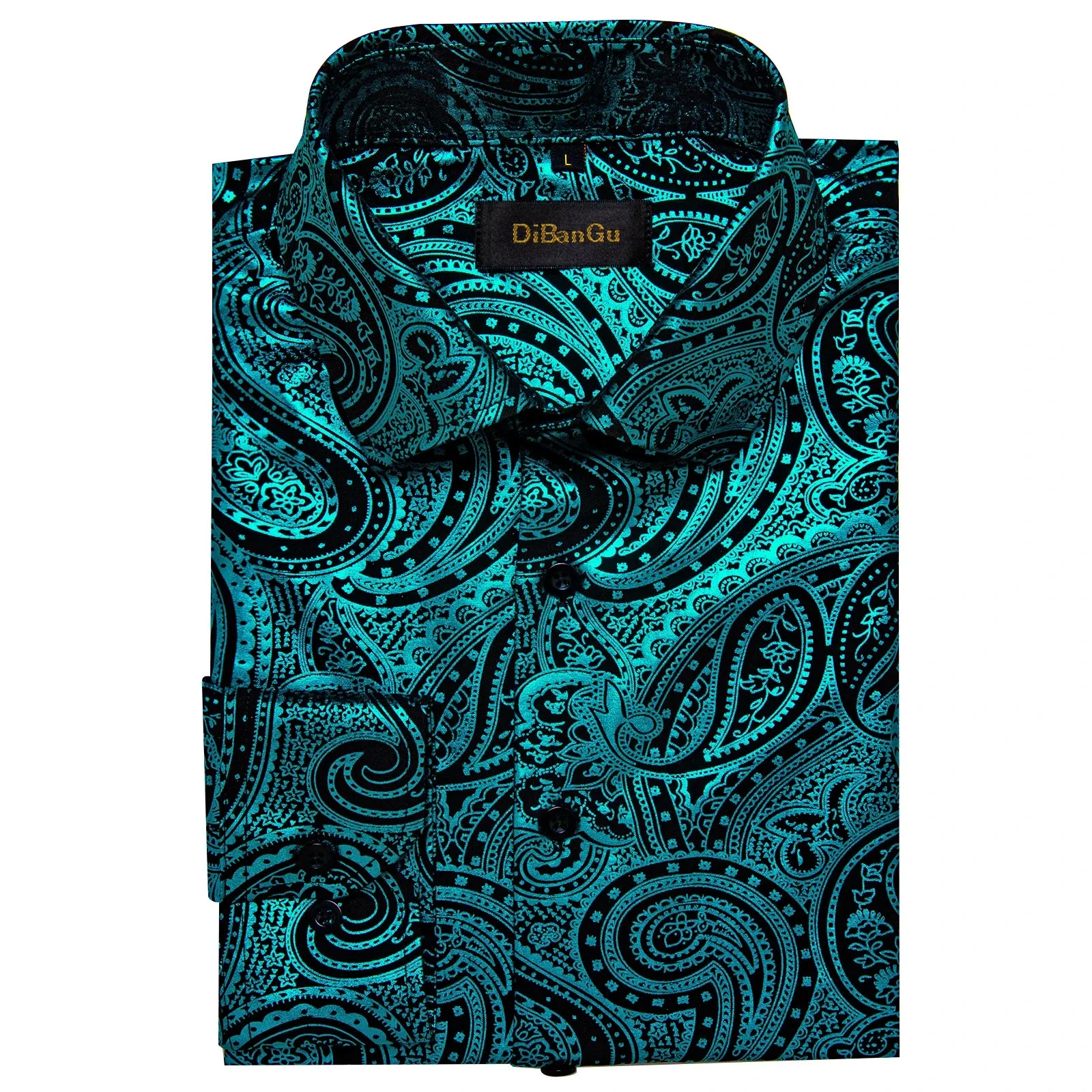 Luxury Paisley Gilding Teal Green Shirts Men's Long Sleeve Spring Autumn Clothing Wedding Prom Social Dress Shirt Blouse