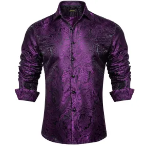 Luxury Purple Paisley Men's Long Sleeve Silk Polyester Dress Shirt Button Down Collar Social Prom Party Clothing