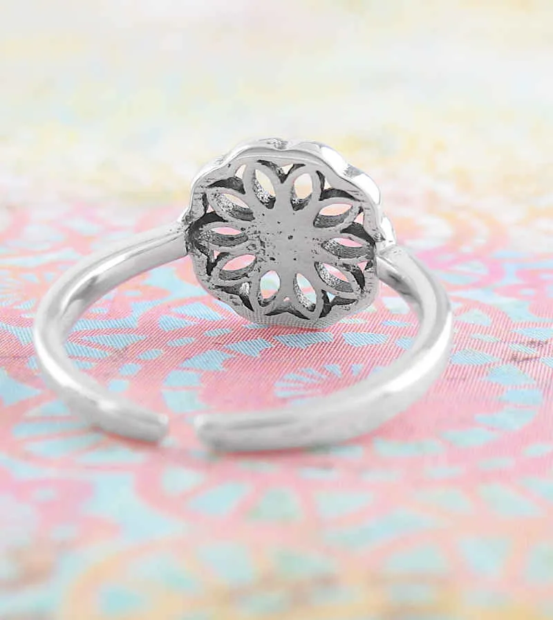 Open-Petal Flower Round Midi Toe Pinky Ring, Adjustable