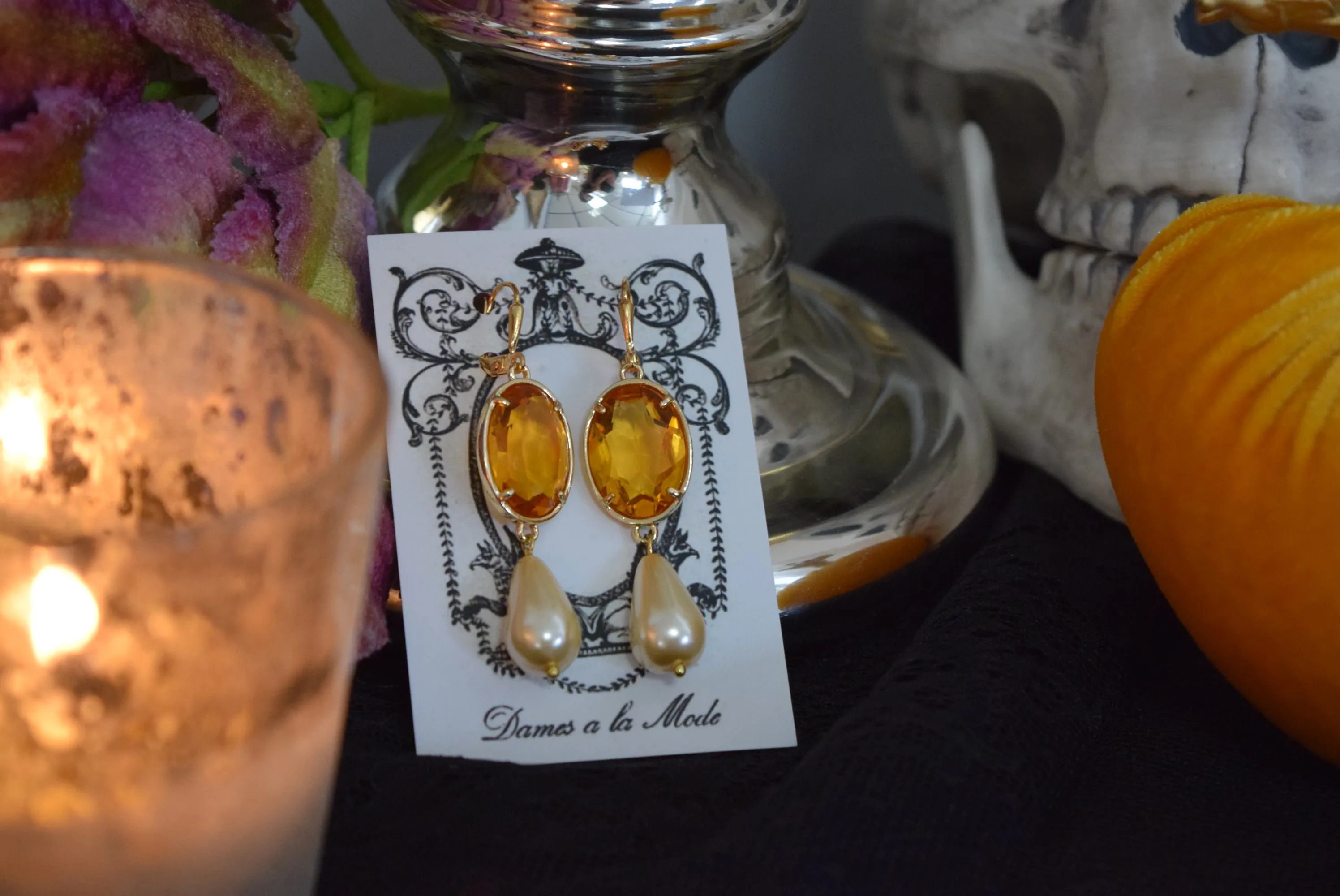 Orange Topaz Swarovski Crystal and Pearl Earrings - Large Oval