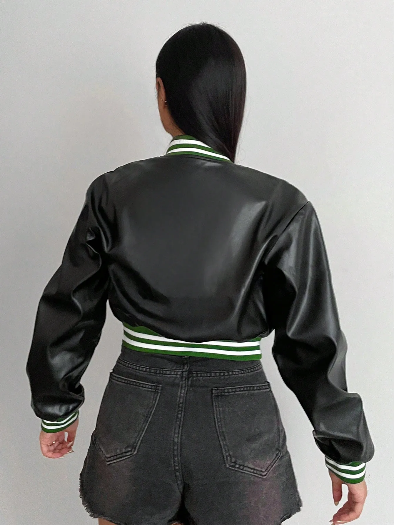 PU Leather Crop Varsity Jacket