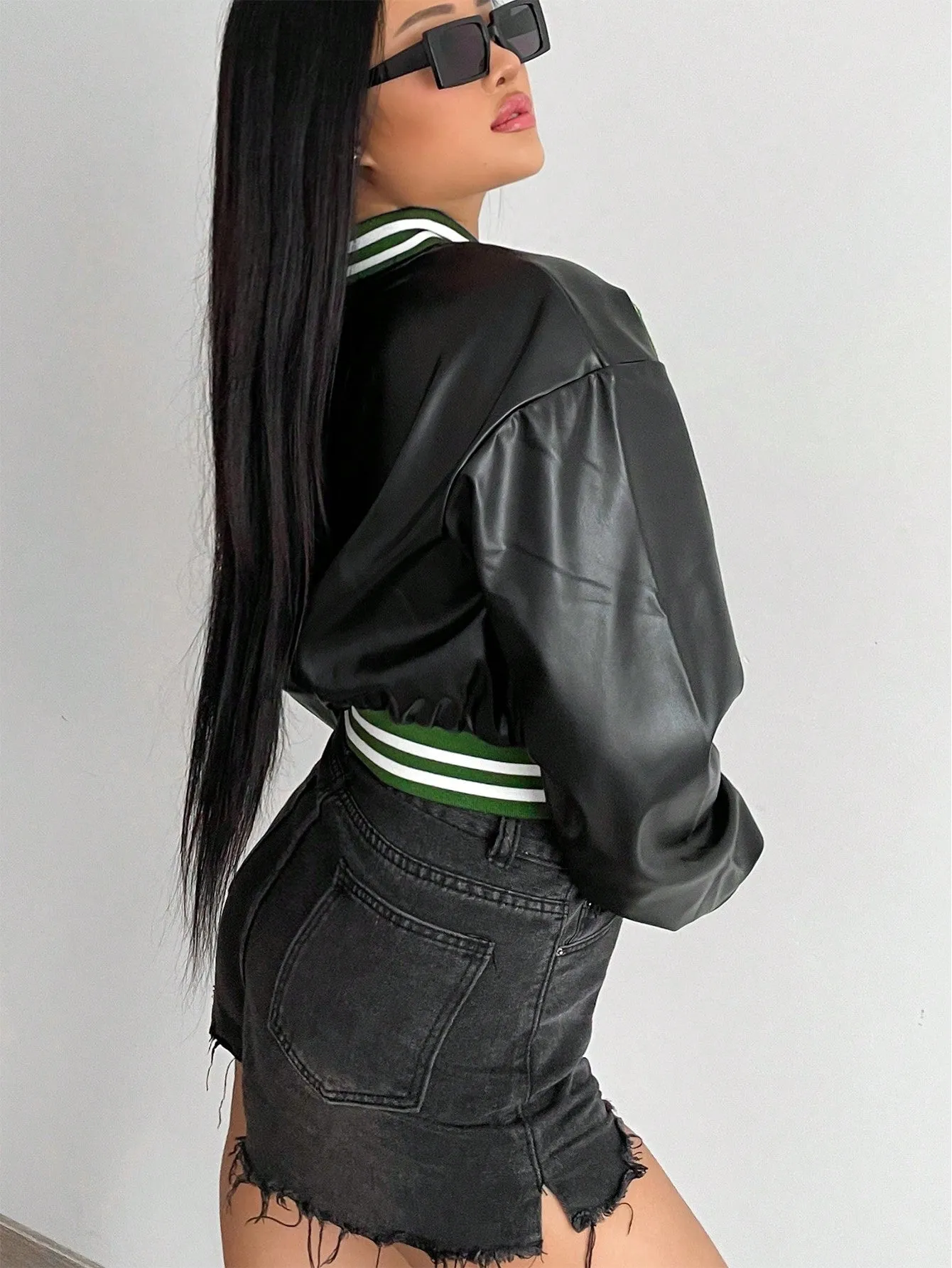 PU Leather Crop Varsity Jacket