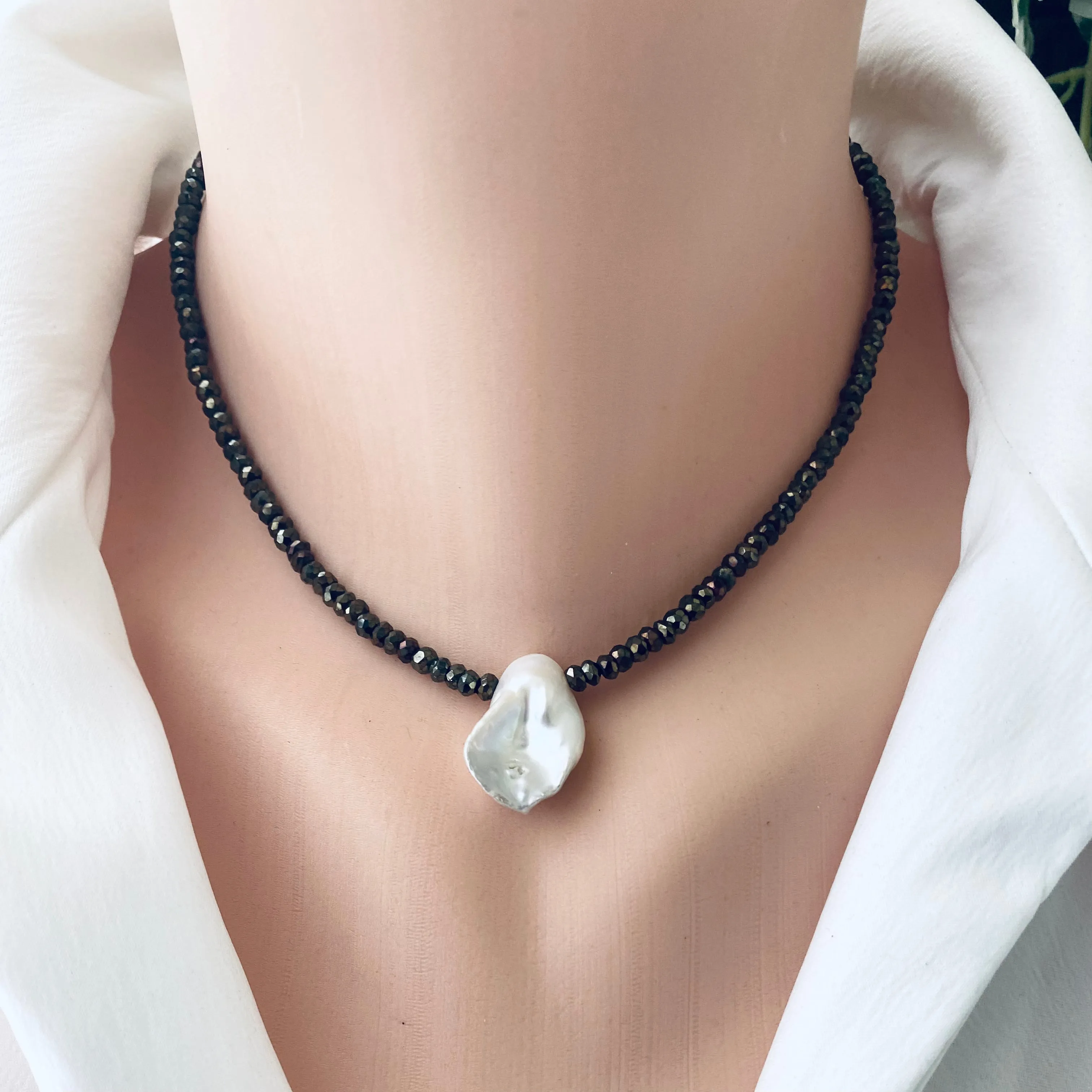 Pyrite Beads and Freshwater White Keshi Pearl Choker Necklace