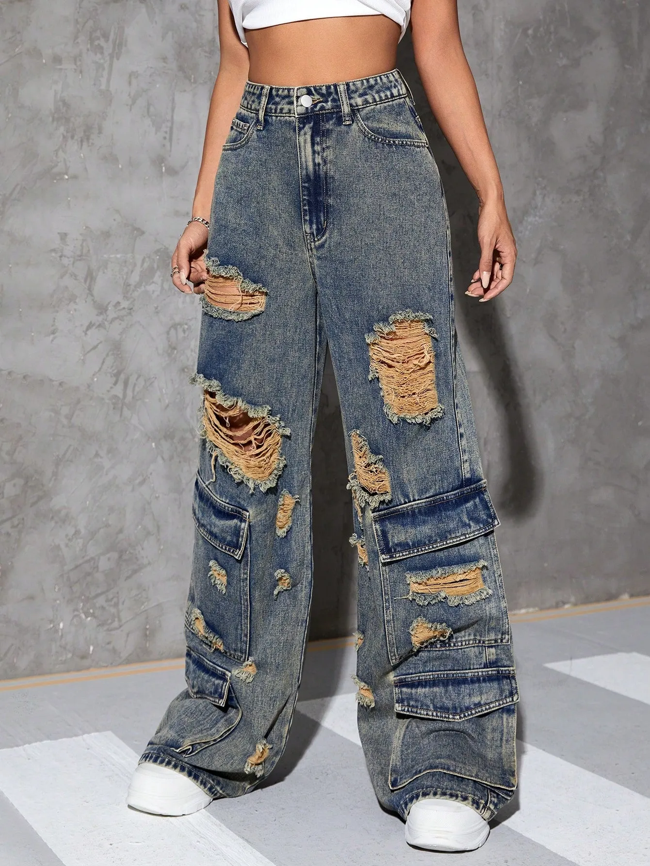 Ripped High Waist Cargo Jeans