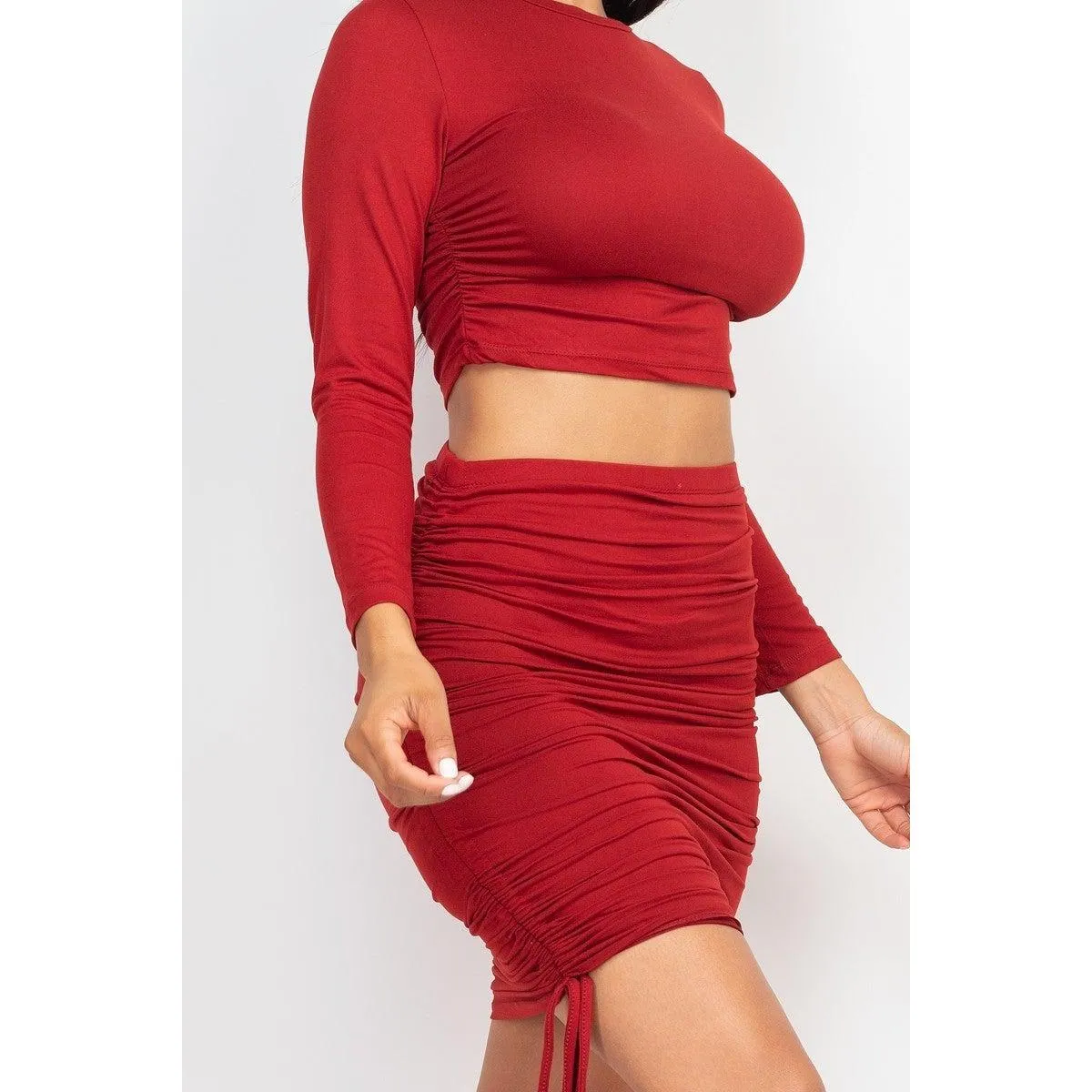 Ruched Side Crop Top & Drawstring Skirt Set