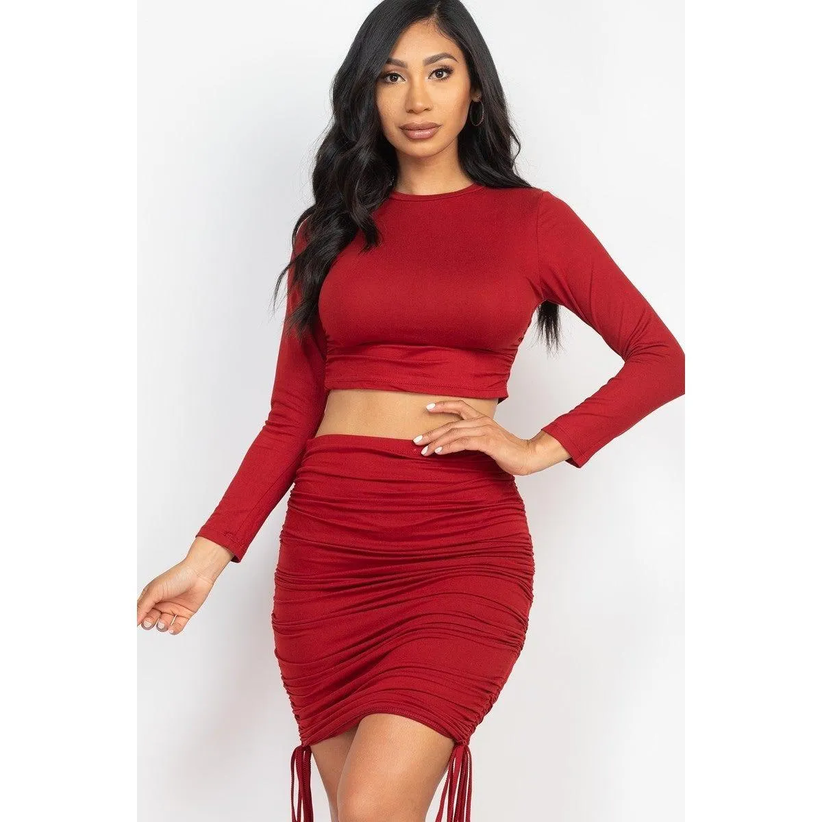 Ruched Side Crop Top & Drawstring Skirt Set