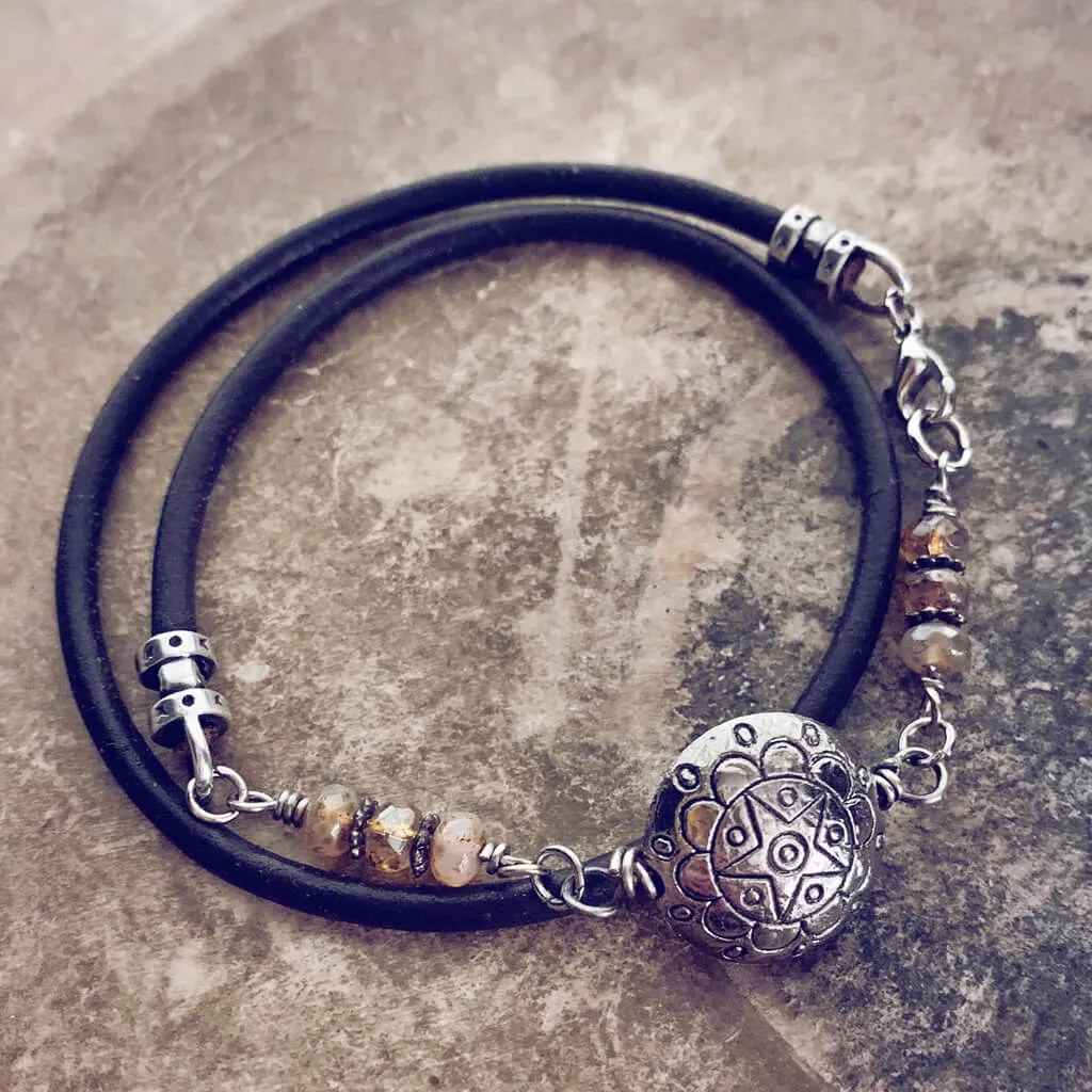 star mandala // silver plated puffed coin & glass bead leather wrap bracelet