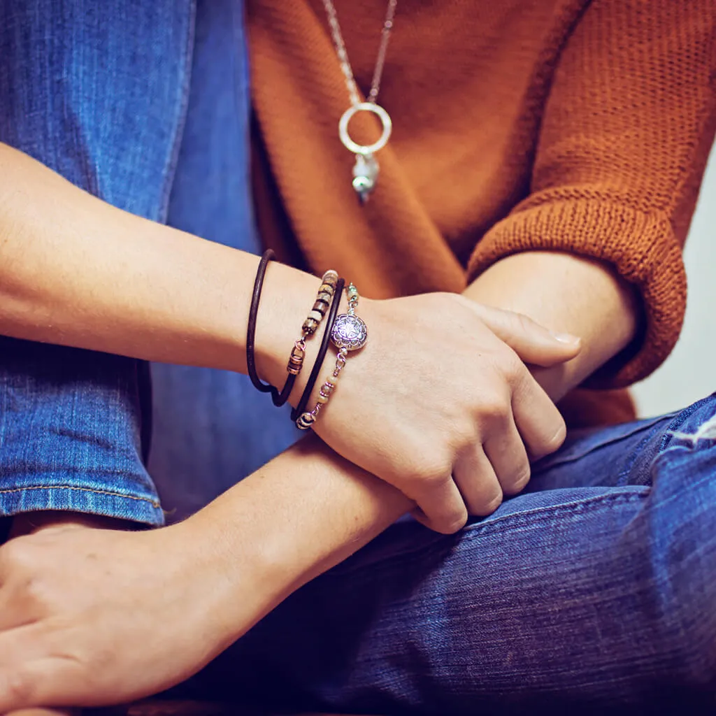 star mandala // silver plated puffed coin & glass bead leather wrap bracelet