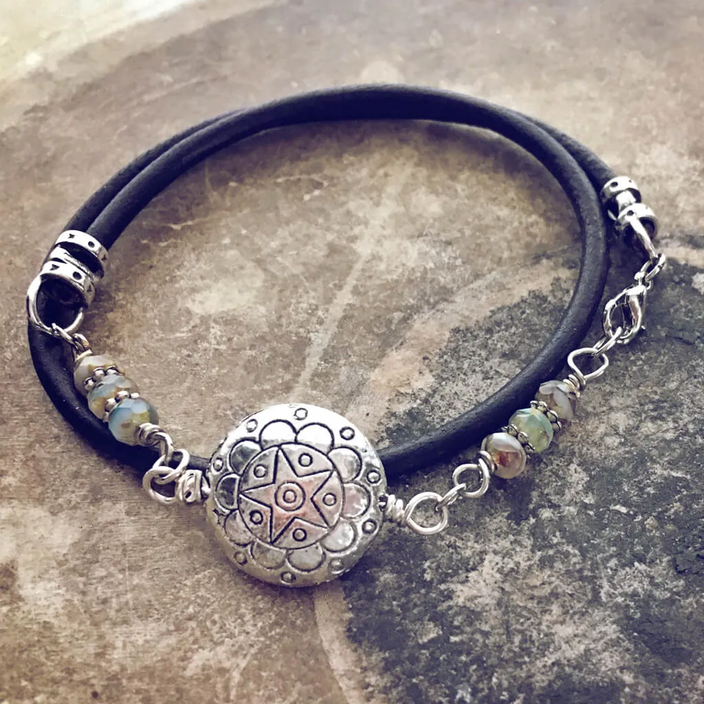 star mandala // silver plated puffed coin & glass bead leather wrap bracelet