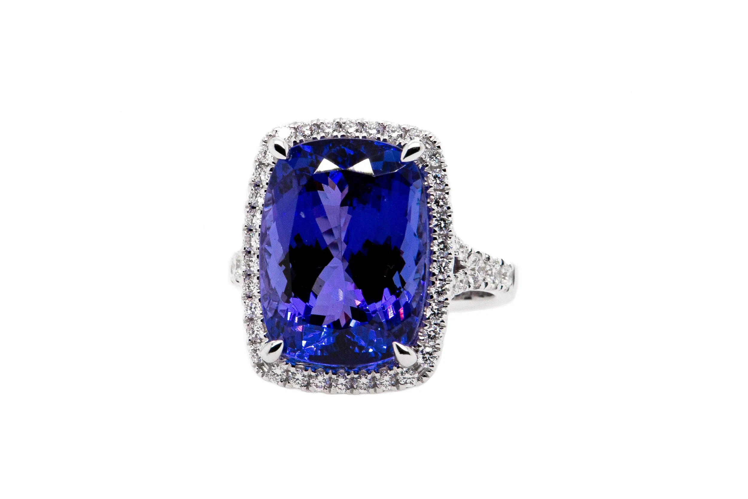 The Unique Collection: 12.42ct Cushion Cut Tanzanite w/ .74ct in Diamonds