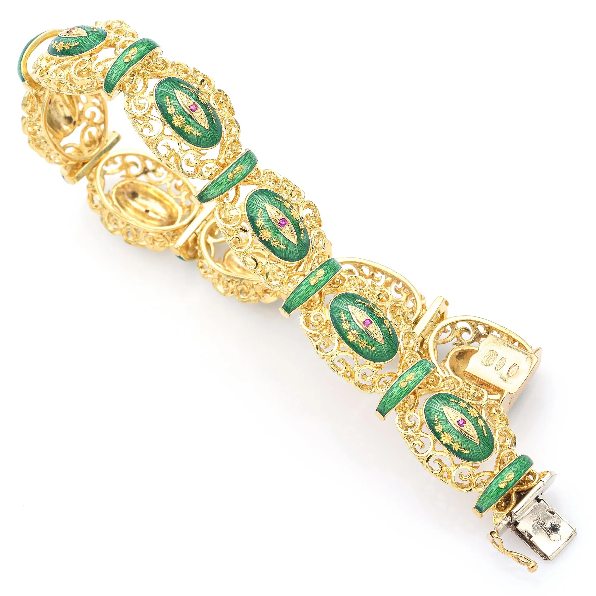 Uno a Erre 18K Yellow Gold Ruby Green Enamel Filigree Wide Link Bracelet