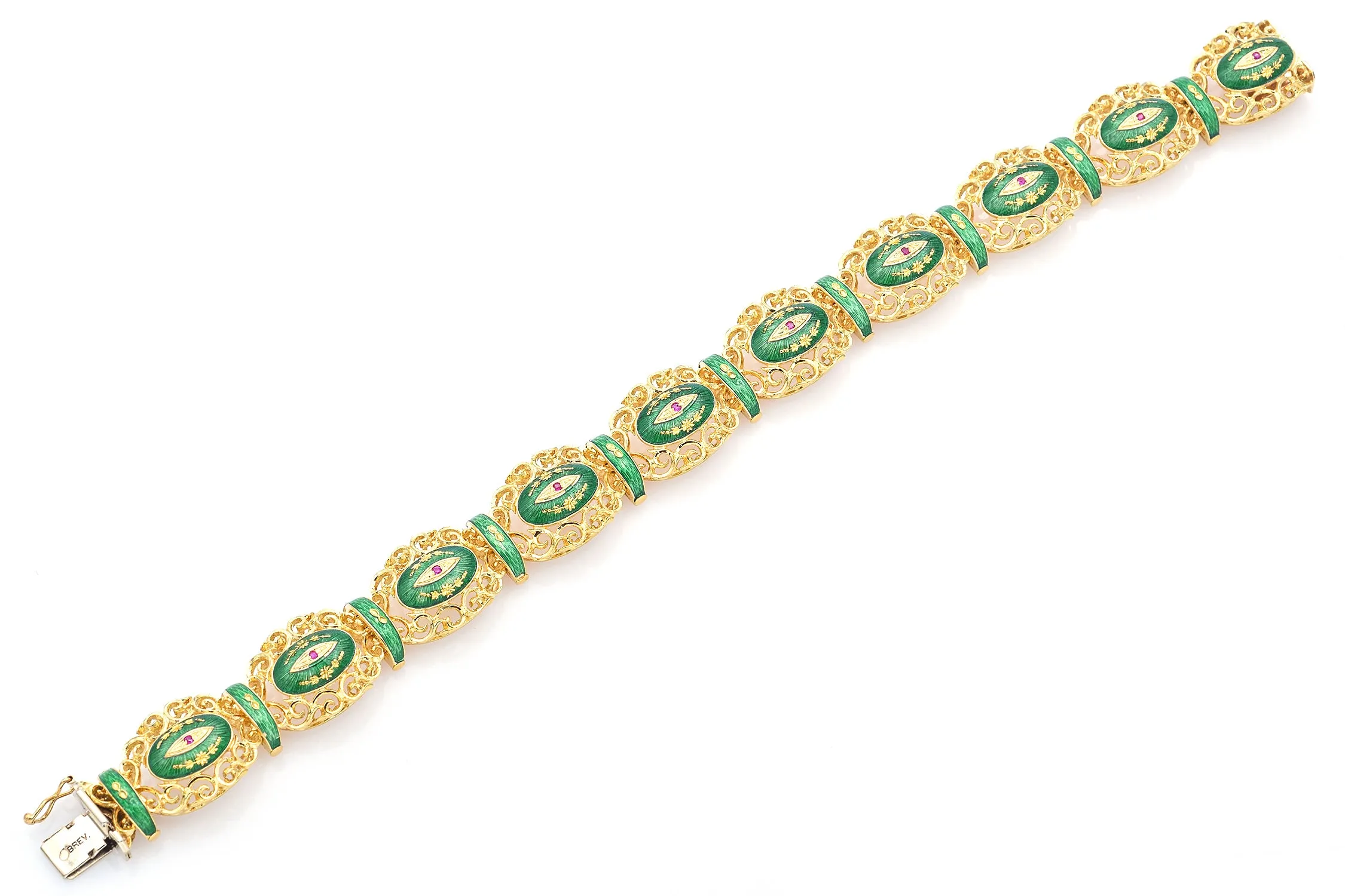 Uno a Erre 18K Yellow Gold Ruby Green Enamel Filigree Wide Link Bracelet