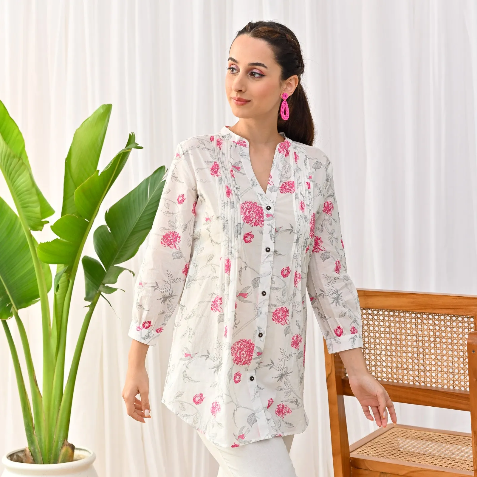 White Sanganeri Printed Shirt Tunic with Pintuck Details