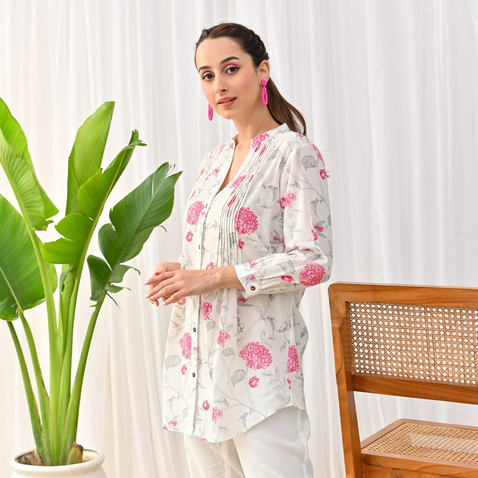 White Sanganeri Printed Shirt Tunic with Pintuck Details