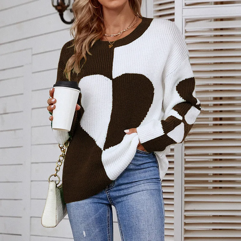 Women Sweaters Kniting Round Collar Pullover Bicolor Love Hearts Long Sleeve