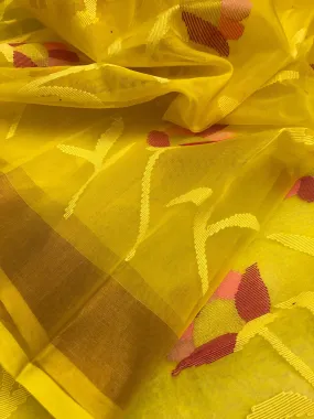 Yellow Color Muslin Saree with Allover Jamdani Weaving