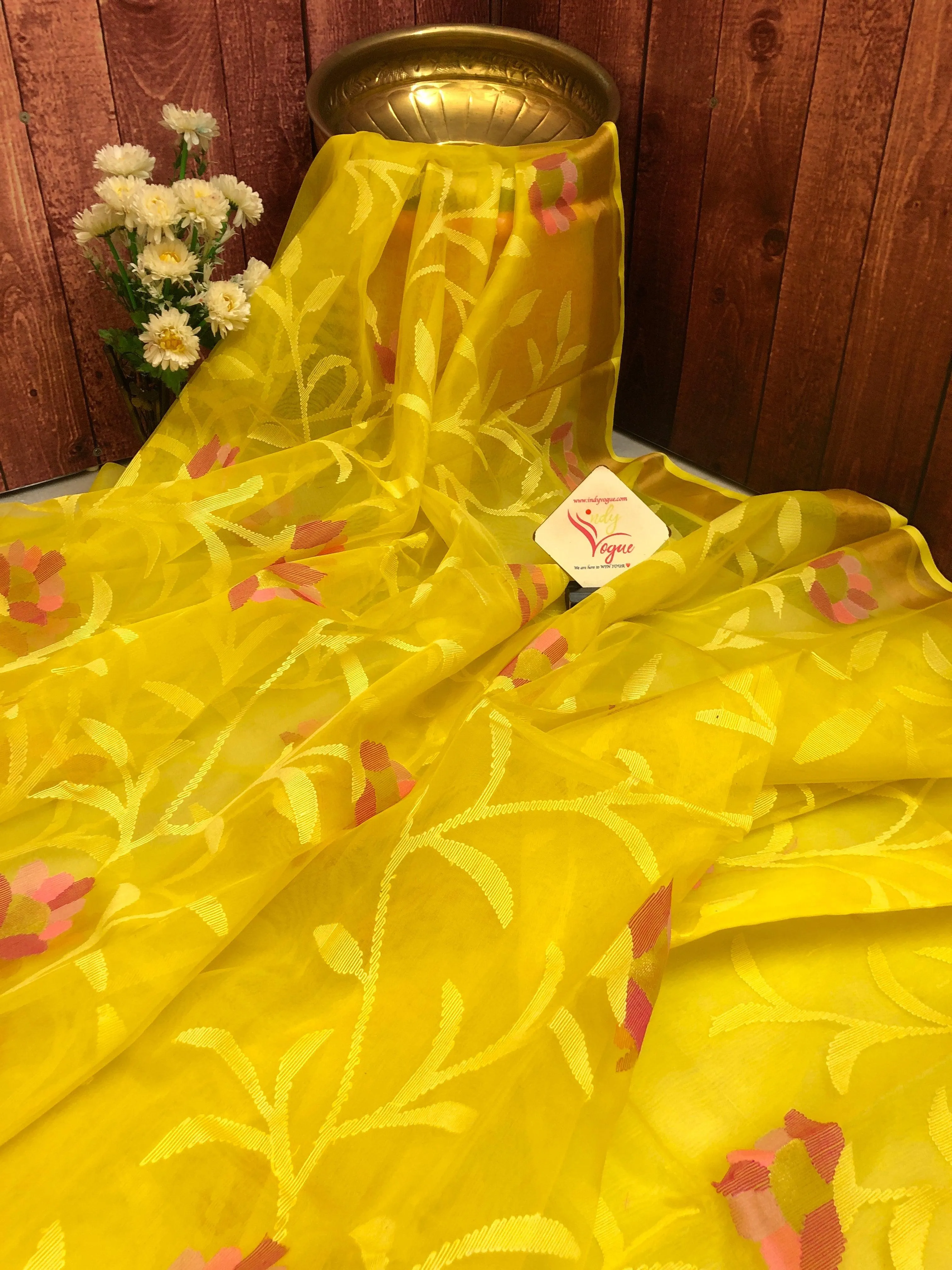 Yellow Color Muslin Saree with Allover Jamdani Weaving