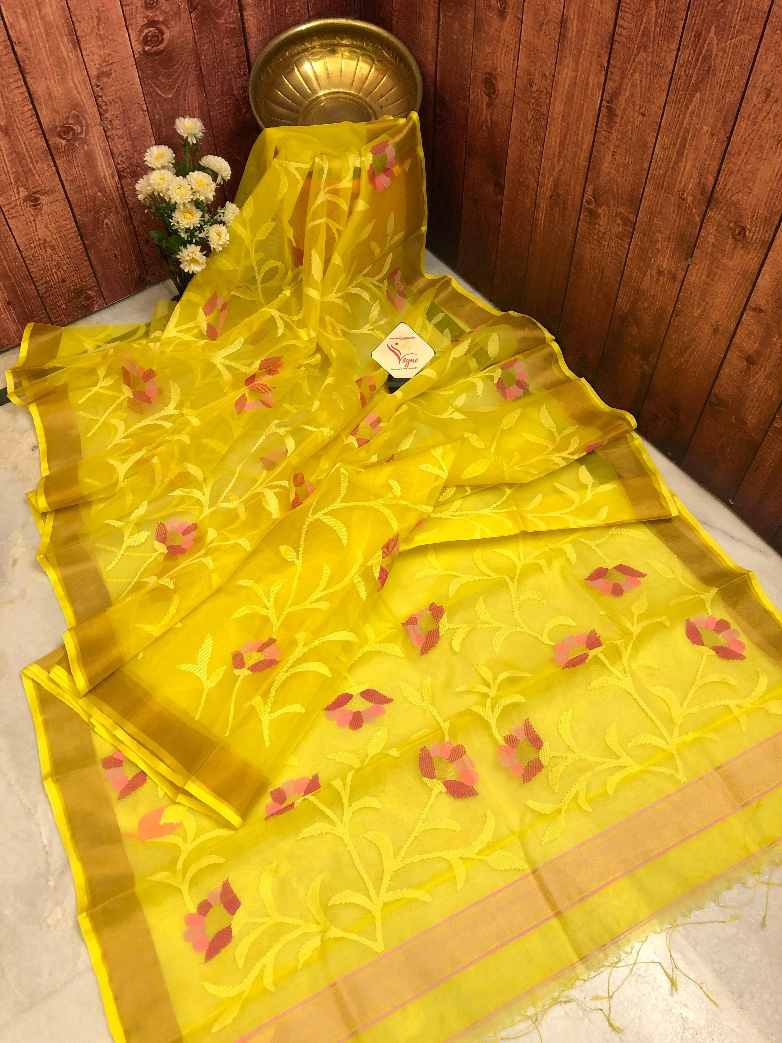 Yellow Color Muslin Saree with Allover Jamdani Weaving